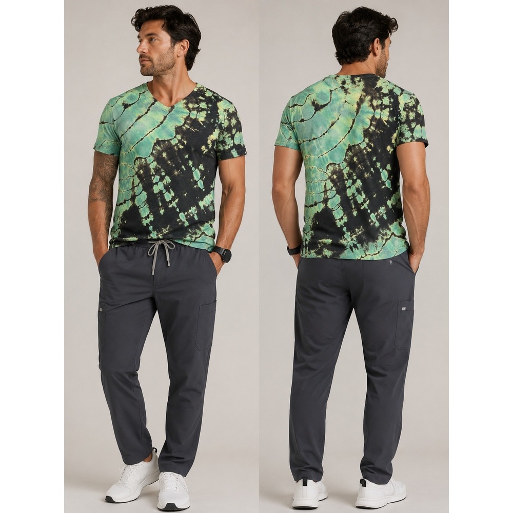FIGS Shirt Mens Medium Scrubs Green Black Tie Dye Pima Cotton V Neck Custom OOAK